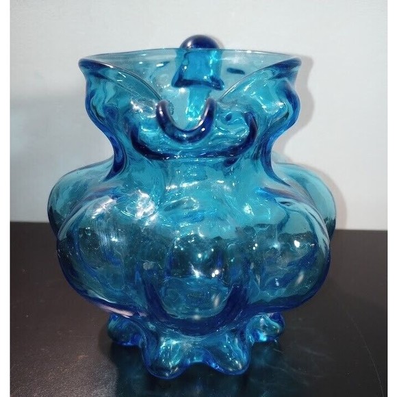 Blue Glass Handblown Creamer Handle Turquoise Bubble Round Decor - Picture 4 of 6